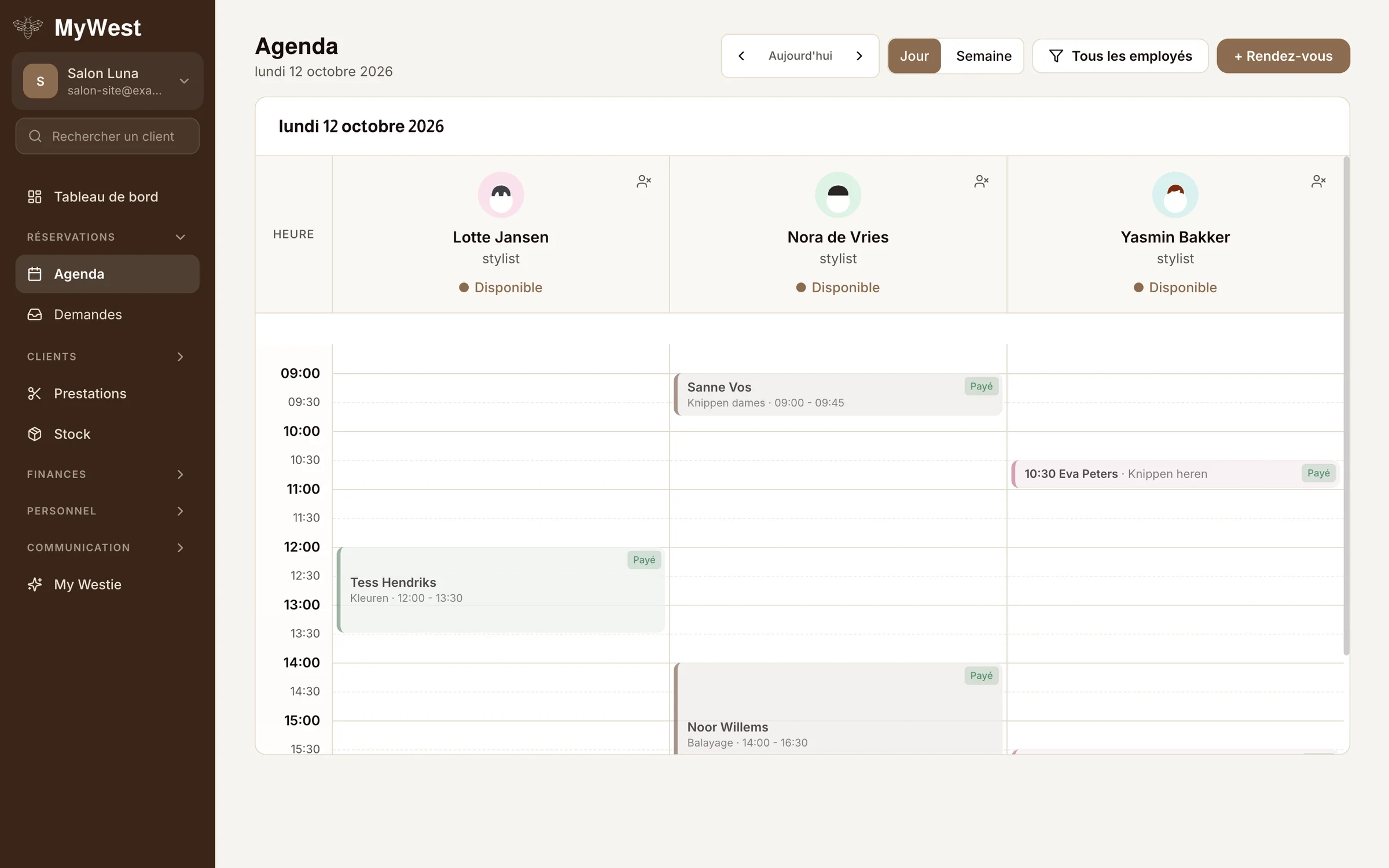 Les rendez-vous du jour dans MyWest, classes par heure et par collaborateur