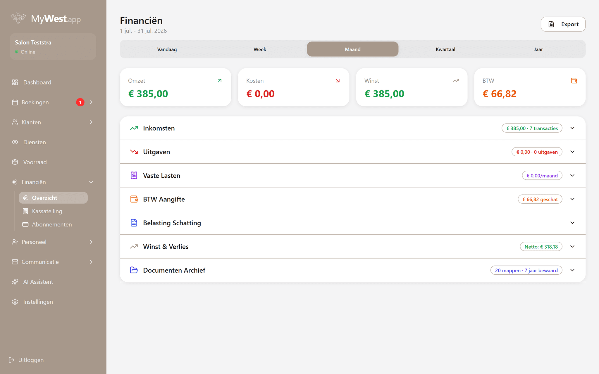 Financieel dashboard met omzetrapportages en trends voor salons