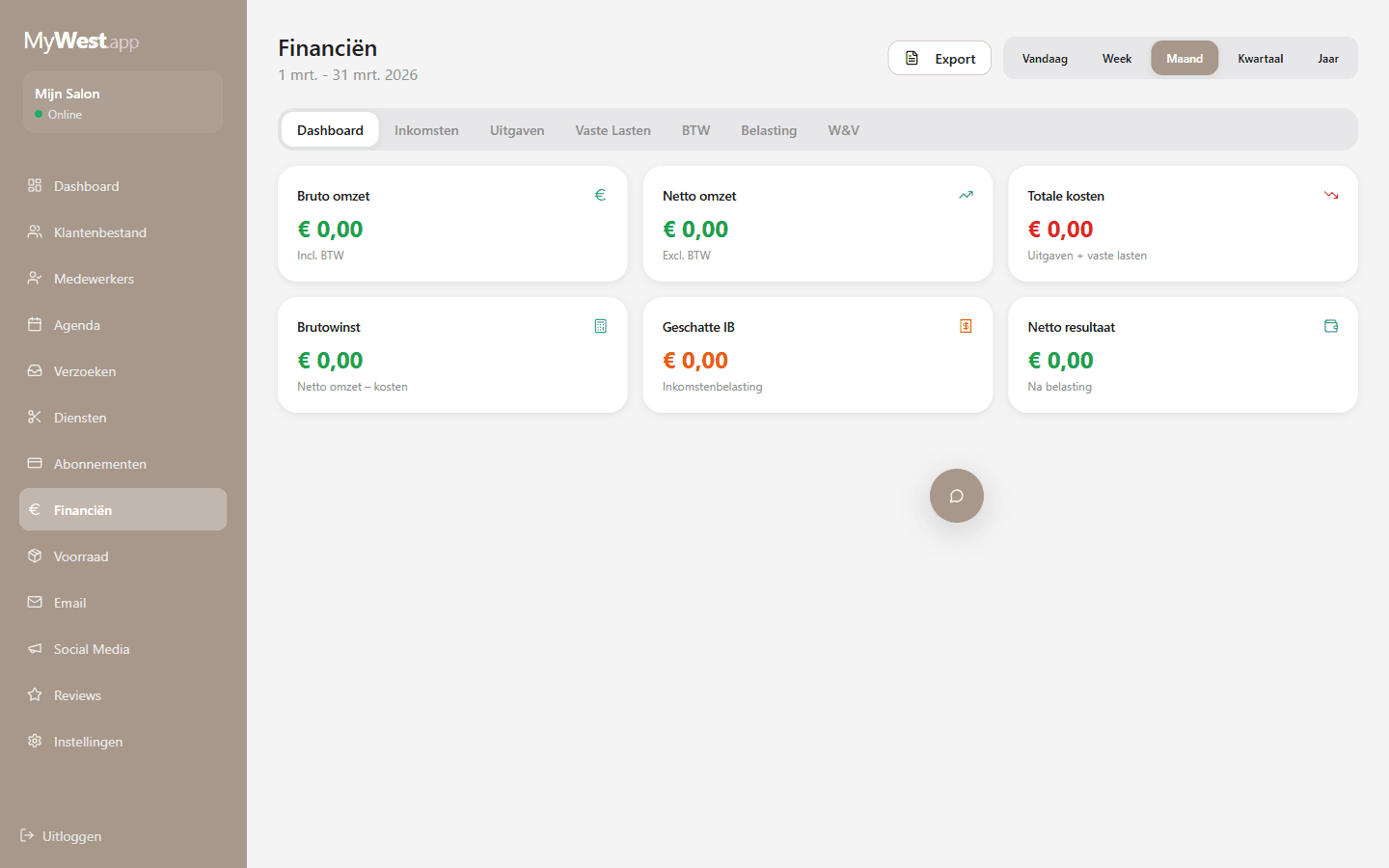 Financieel dashboard met omzetrapportages en trends voor salons