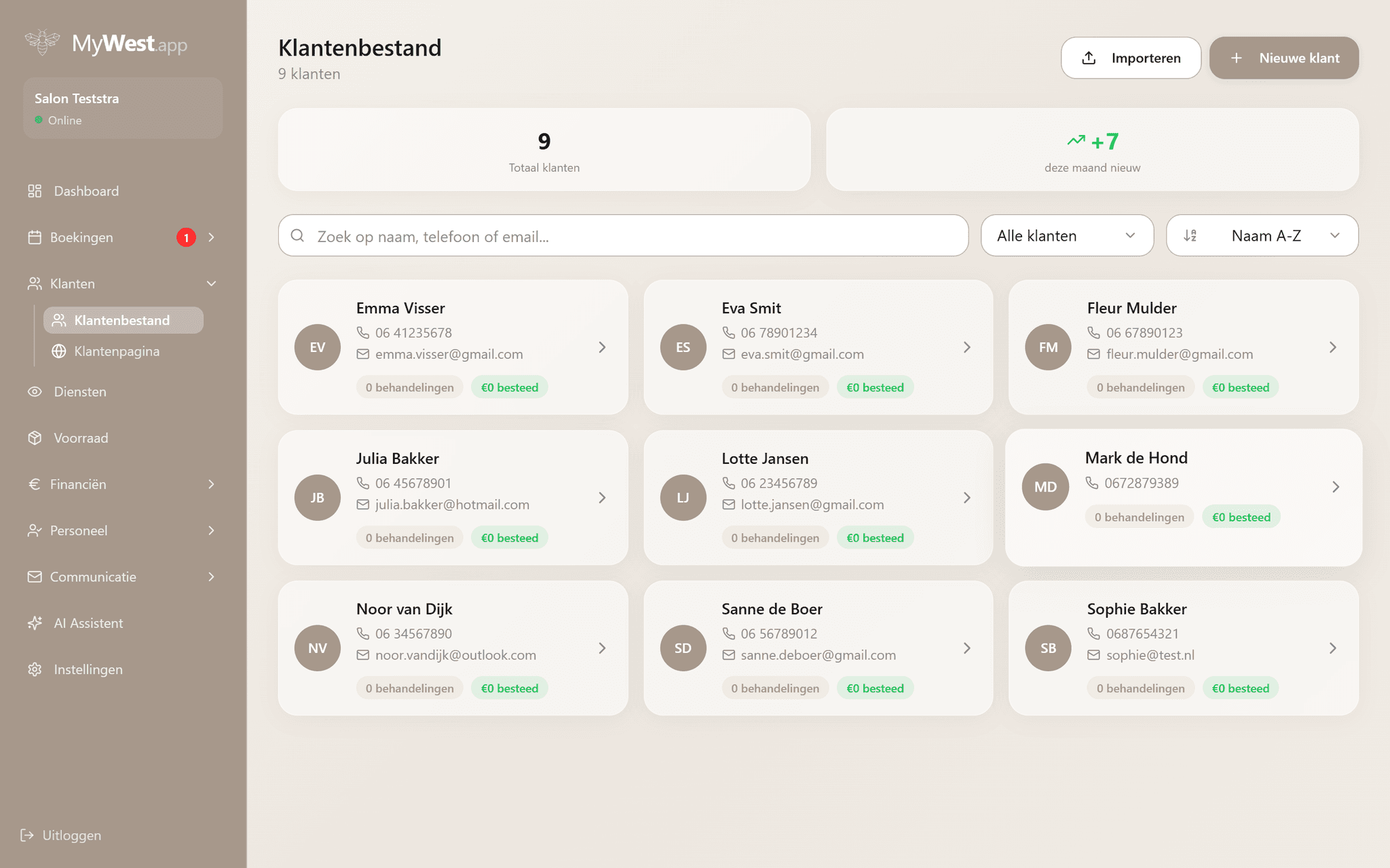 Klantprofielen in MyWest met afspraakgeschiedenis, voorkeuren en notities