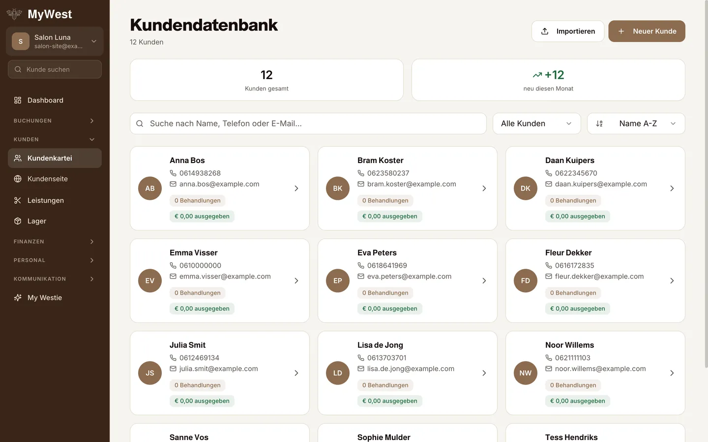Kundenkartei in MyWest mit der Schaltflaeche Importieren