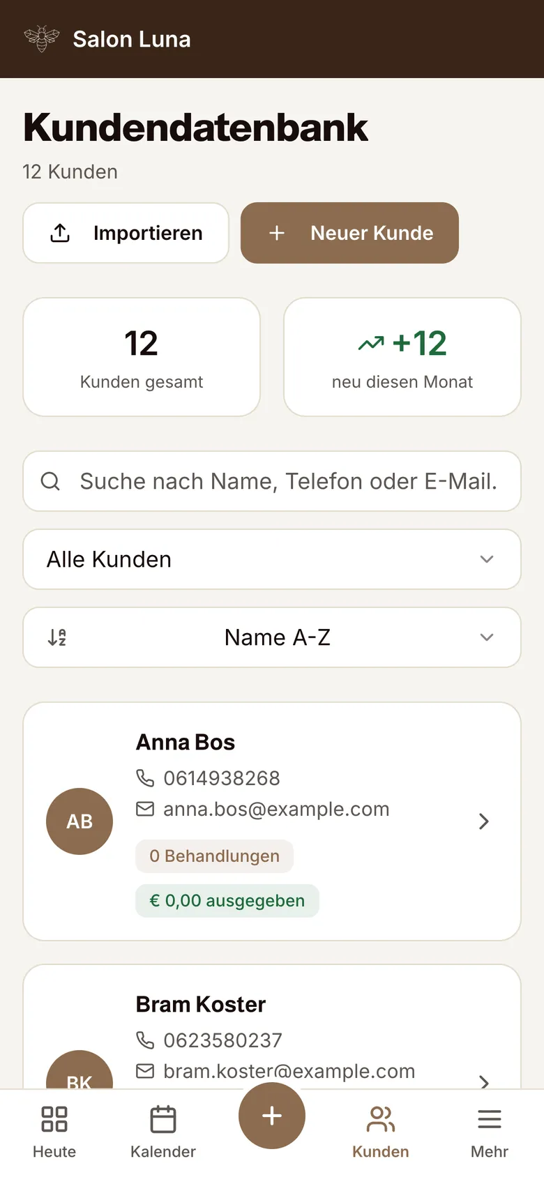 Kundenkartei in MyWest mit der Schaltflaeche Importieren