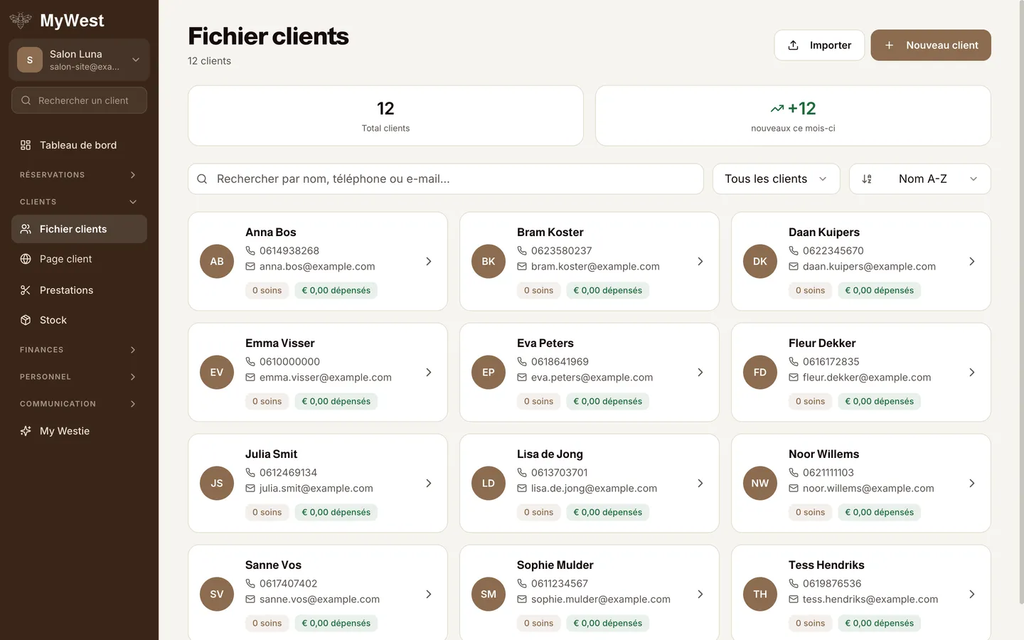 Fichier clients dans MyWest avec le bouton Importer