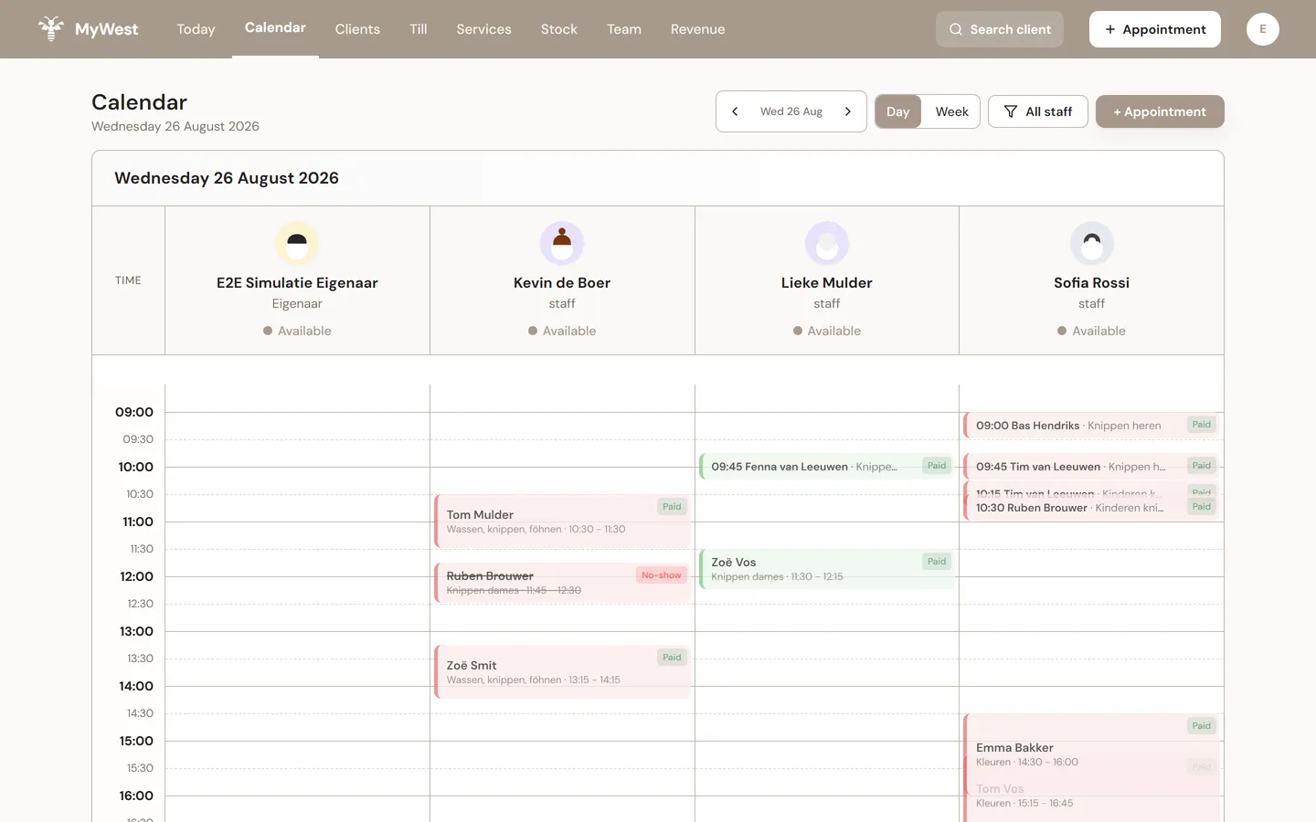 MyWest day agenda with staff side by side in columns and appointments you move by dragging.