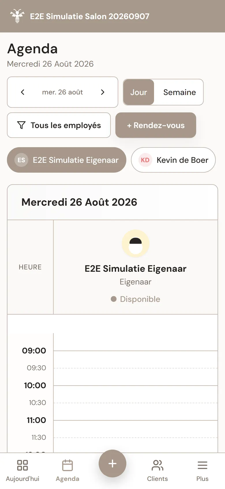Agenda du jour dans MyWest avec les collaborateurs côte à côte et des rendez-vous déplaçables par glisser-déposer.