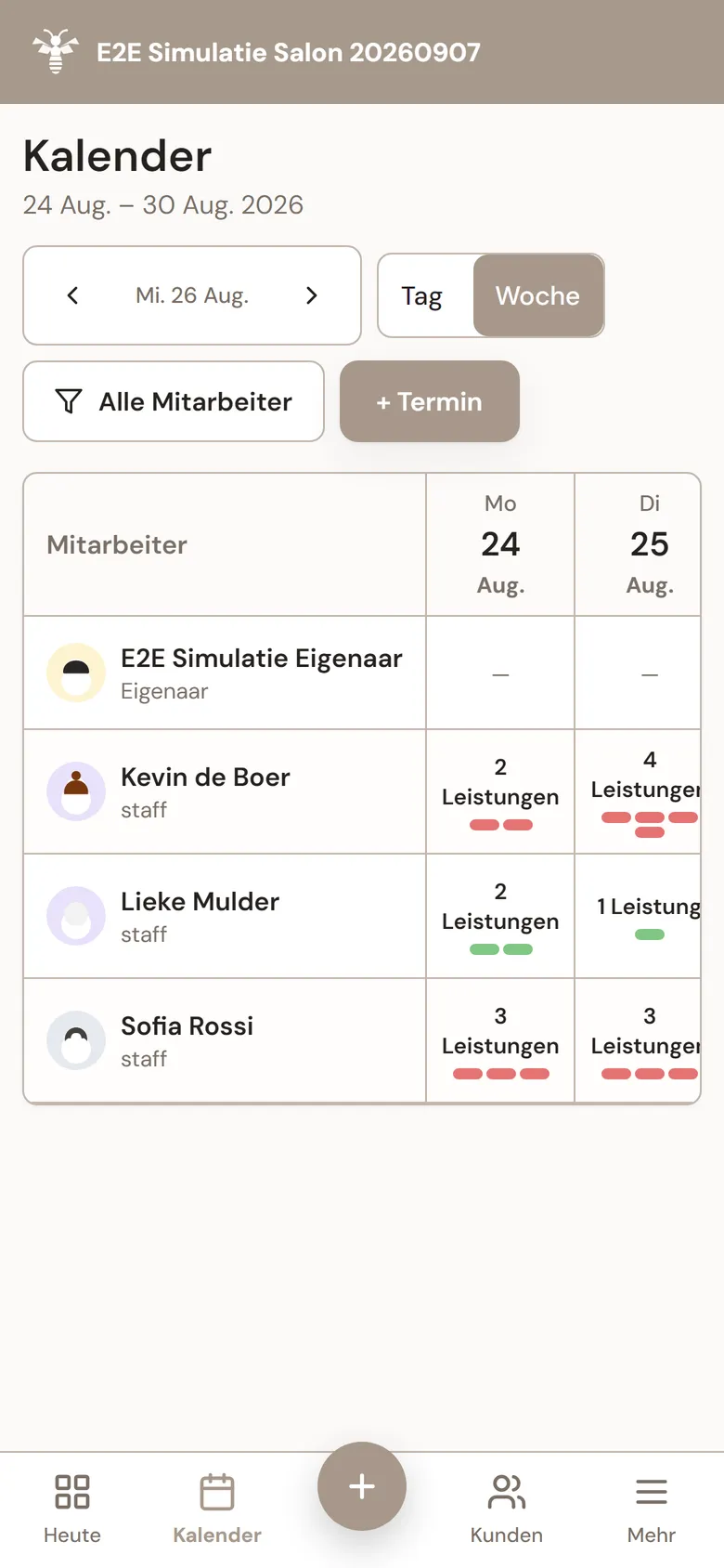 Wochenagenda in MyWest mit einer Übersicht aller Termine pro Mitarbeiter für die ganze Woche.