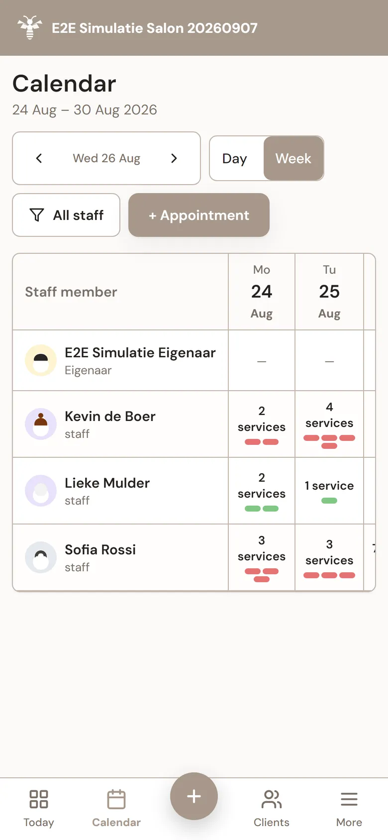 MyWest week agenda with an overview of every appointment per staff member across the week.