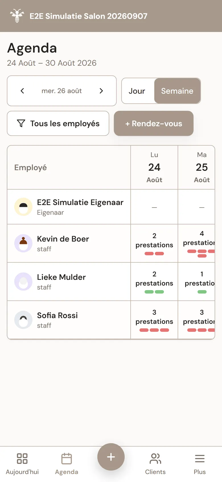 Agenda de la semaine dans MyWest avec un aperçu de tous les rendez-vous par collaborateur.