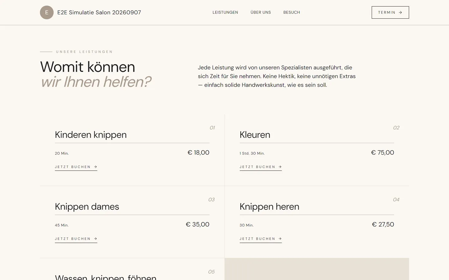Die öffentliche Buchungsseite eines Salons, auf der Kunden rund um die Uhr selbst einen Termin buchen.