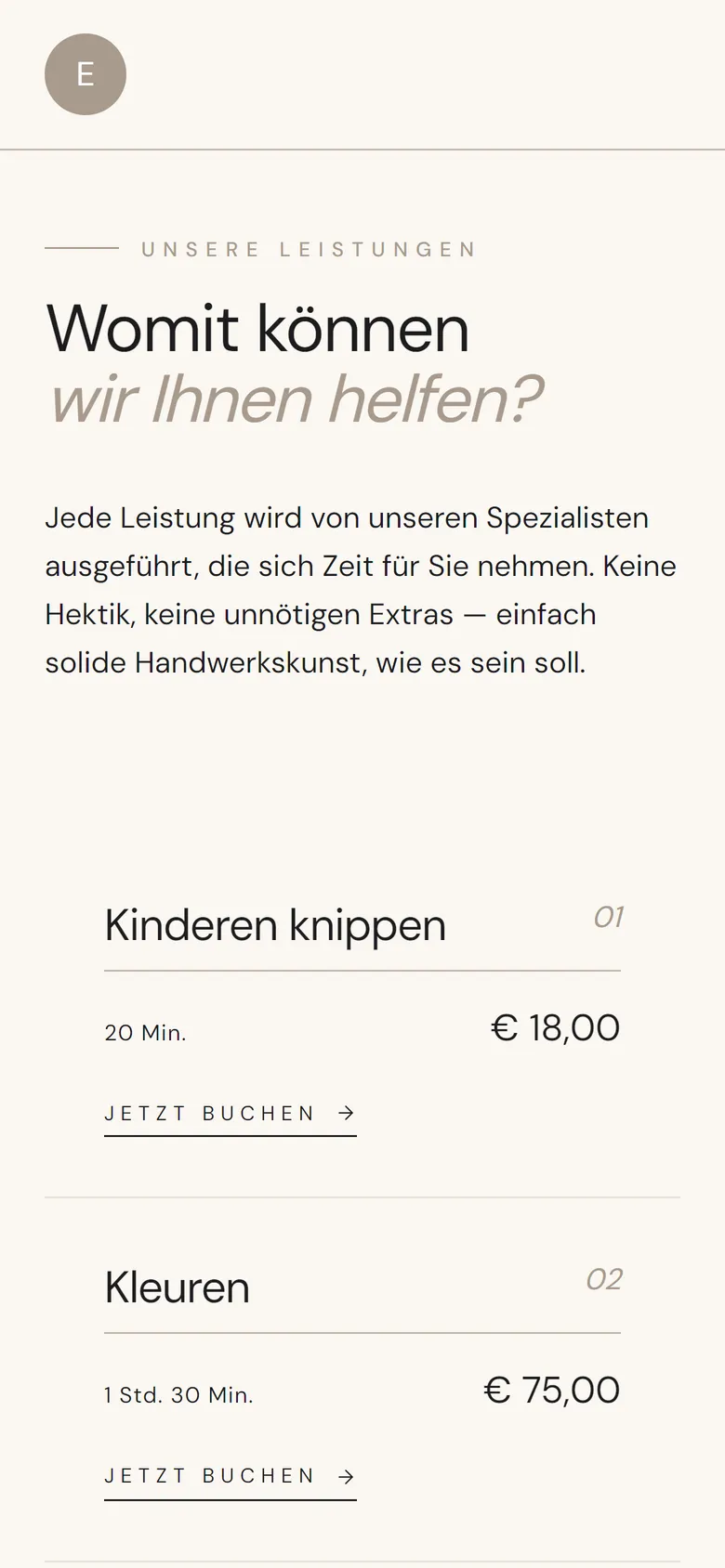 Die öffentliche Buchungsseite eines Salons, auf der Kunden rund um die Uhr selbst einen Termin buchen.