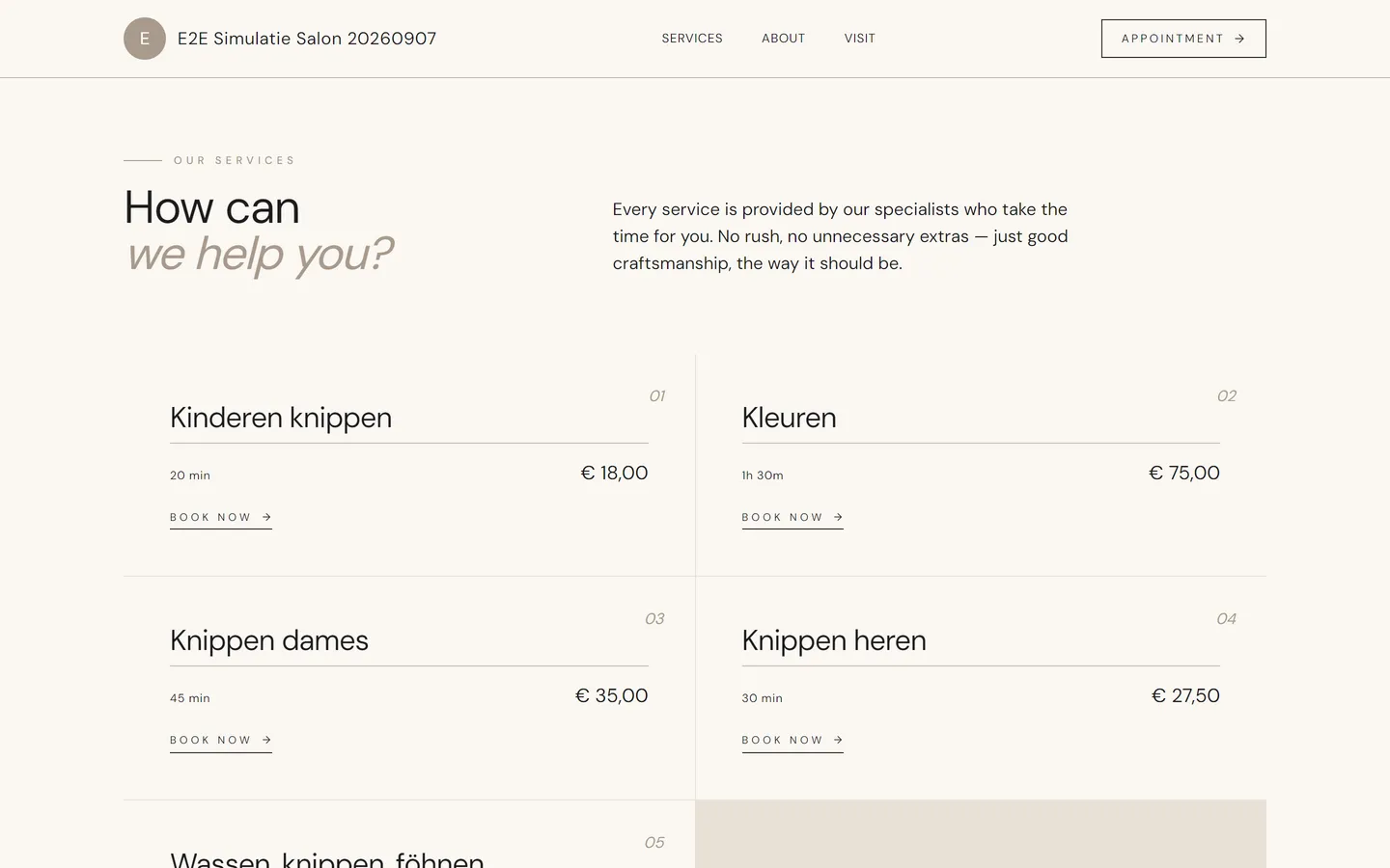 A salon's public booking page, where clients book their own appointment around the clock.