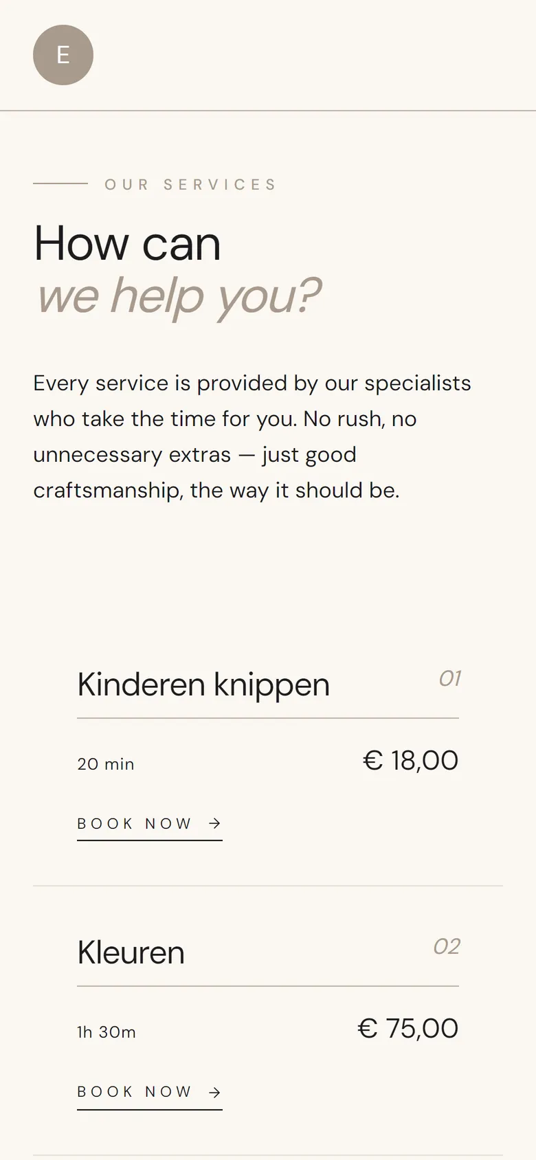 A salon's public booking page, where clients book their own appointment around the clock.