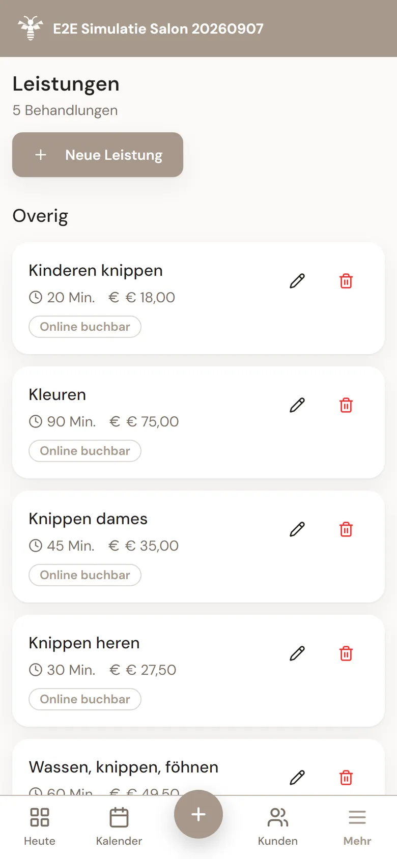 Dienstleistungsverwaltung in MyWest: Preise, Dauer und Kategorien für jede Behandlung des Salons.