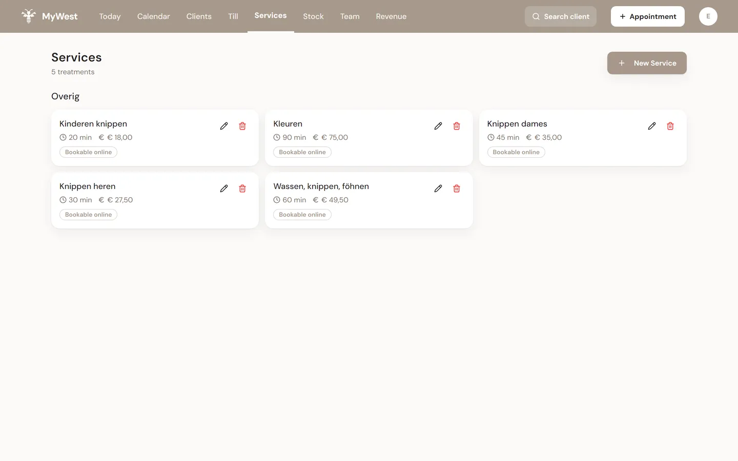 MyWest service management: prices, duration and categories for every treatment the salon offers.