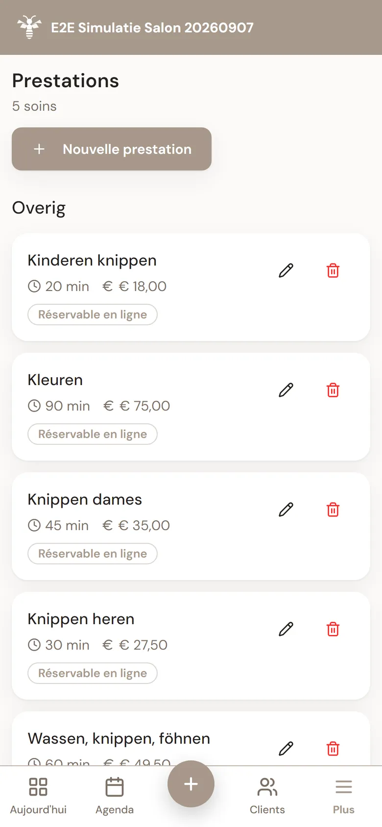 Gestion des prestations dans MyWest : prix, durée et catégories pour chaque soin proposé par le salon.
