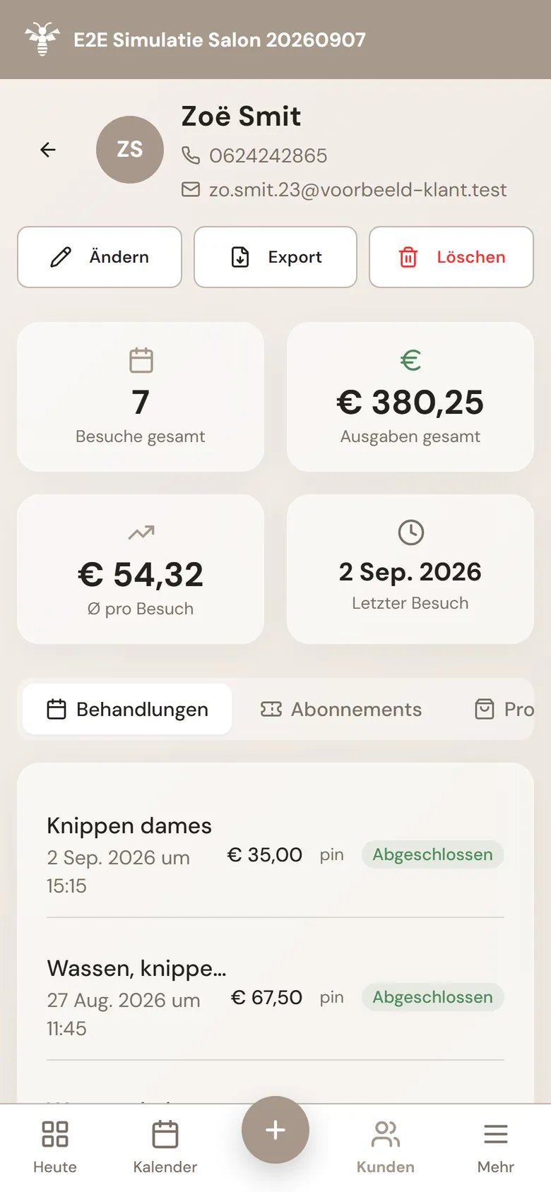 Kundenkarte in MyWest mit Foto, Notizen und der vollständigen Terminhistorie dieses Kunden.