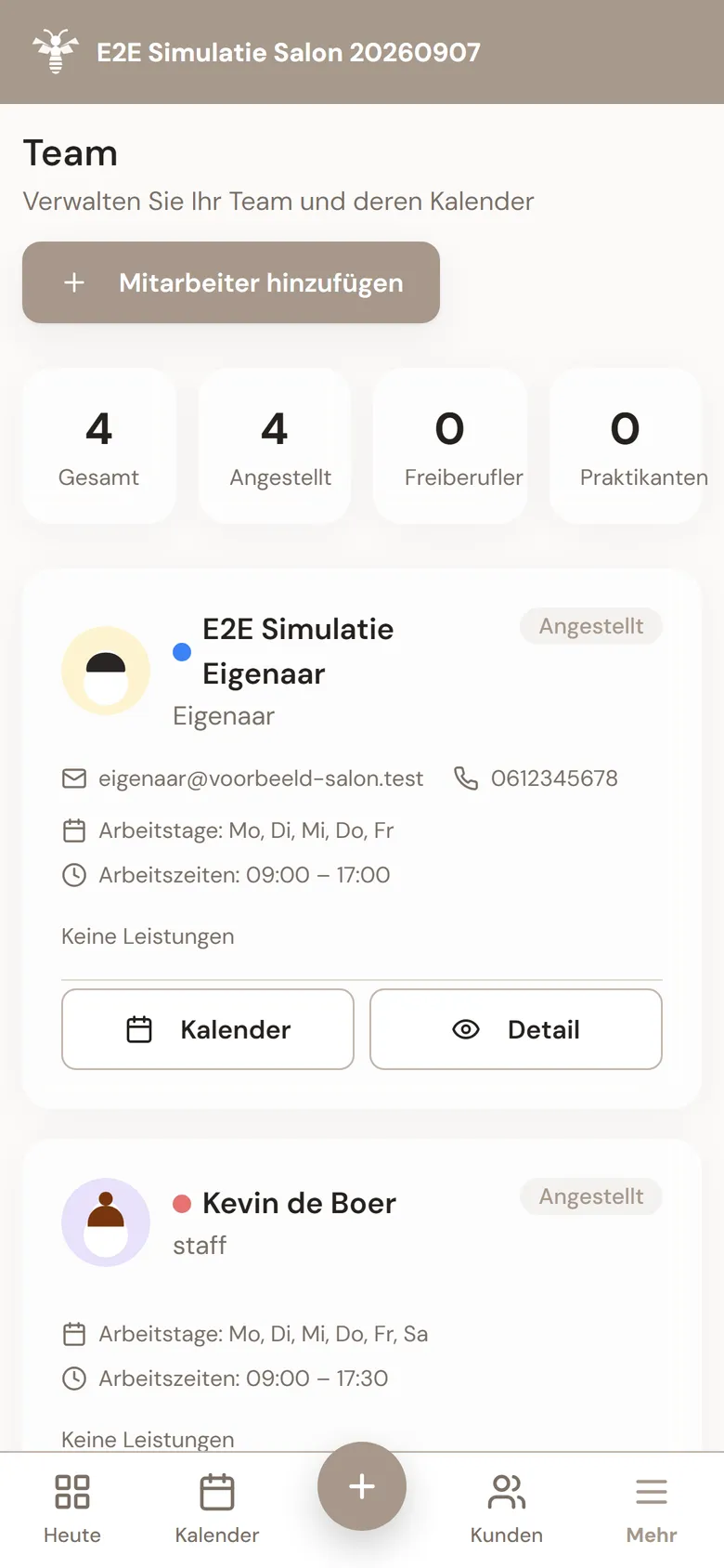 Teamübersicht in MyWest mit Mitarbeitern, Rollen und dem Dienstplan pro Salon.