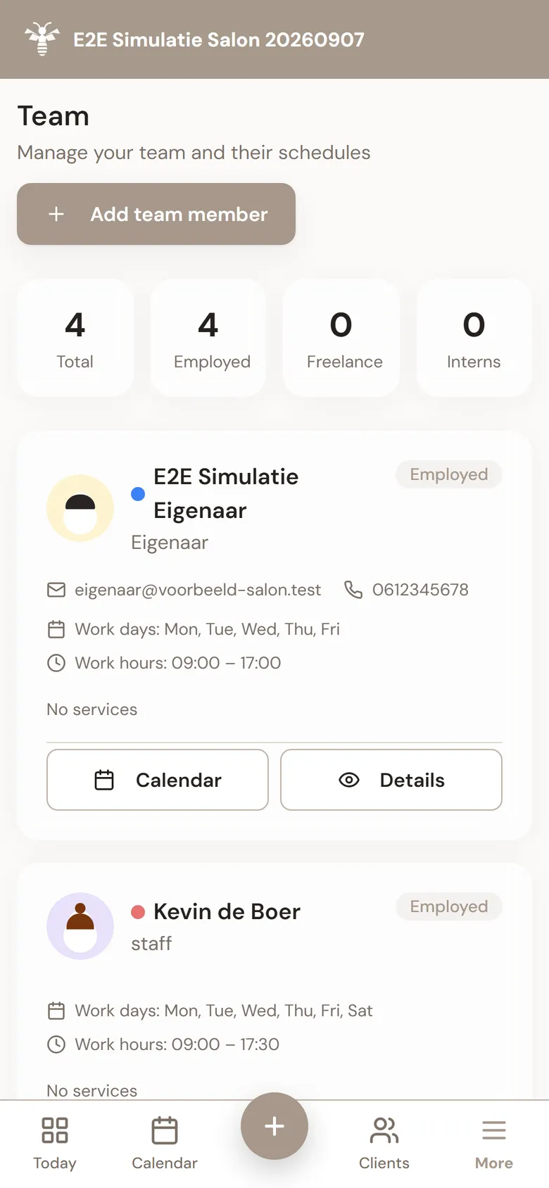 MyWest team overview with staff members, roles and the schedule per salon.