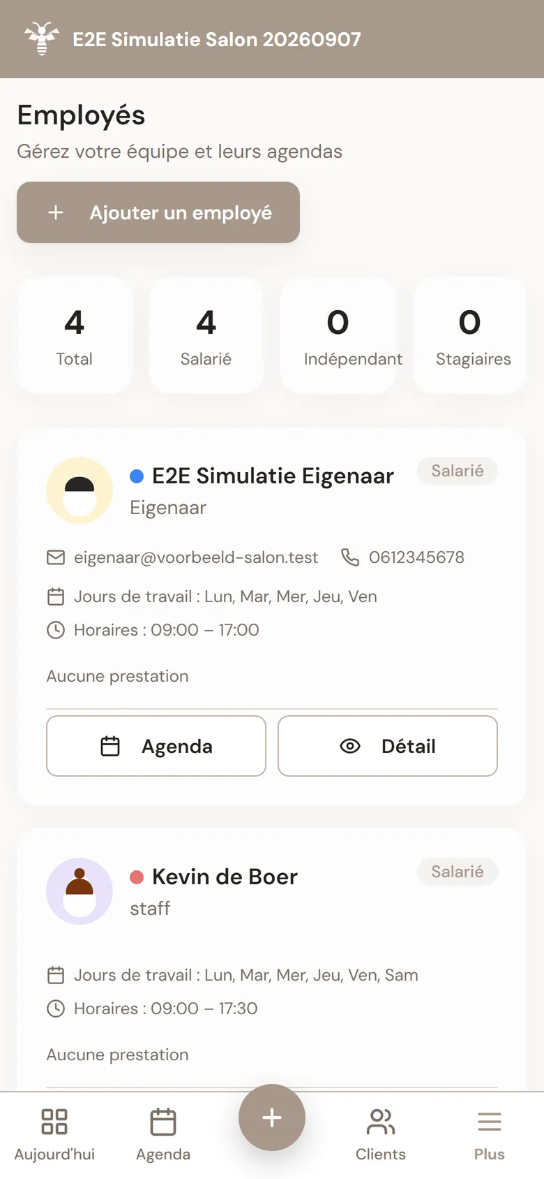 Aperçu de l'équipe dans MyWest avec les collaborateurs, les rôles et le planning par salon.