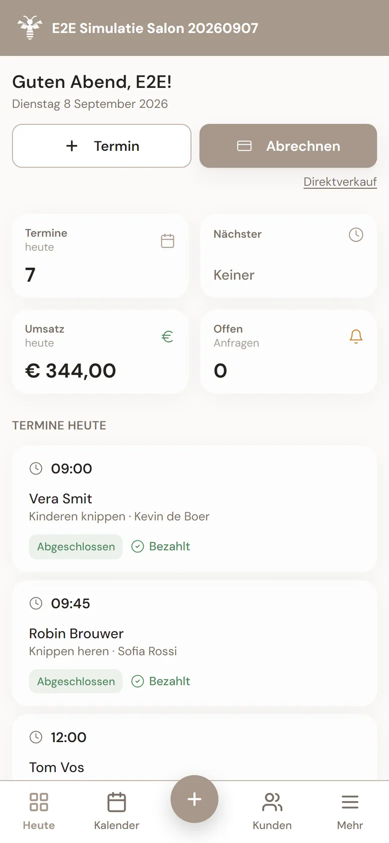 Tagesübersicht in MyWest mit dem heutigen Terminplan, dem bisherigen Umsatz und den nächsten Terminen.