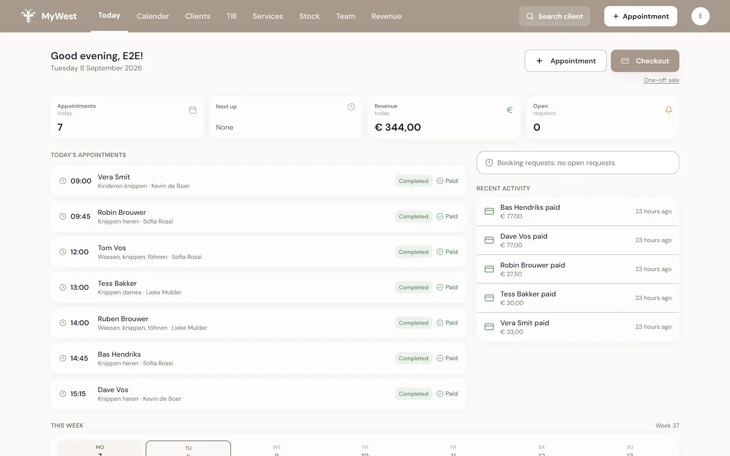 MyWest today overview with today's schedule, revenue so far and the next appointments.