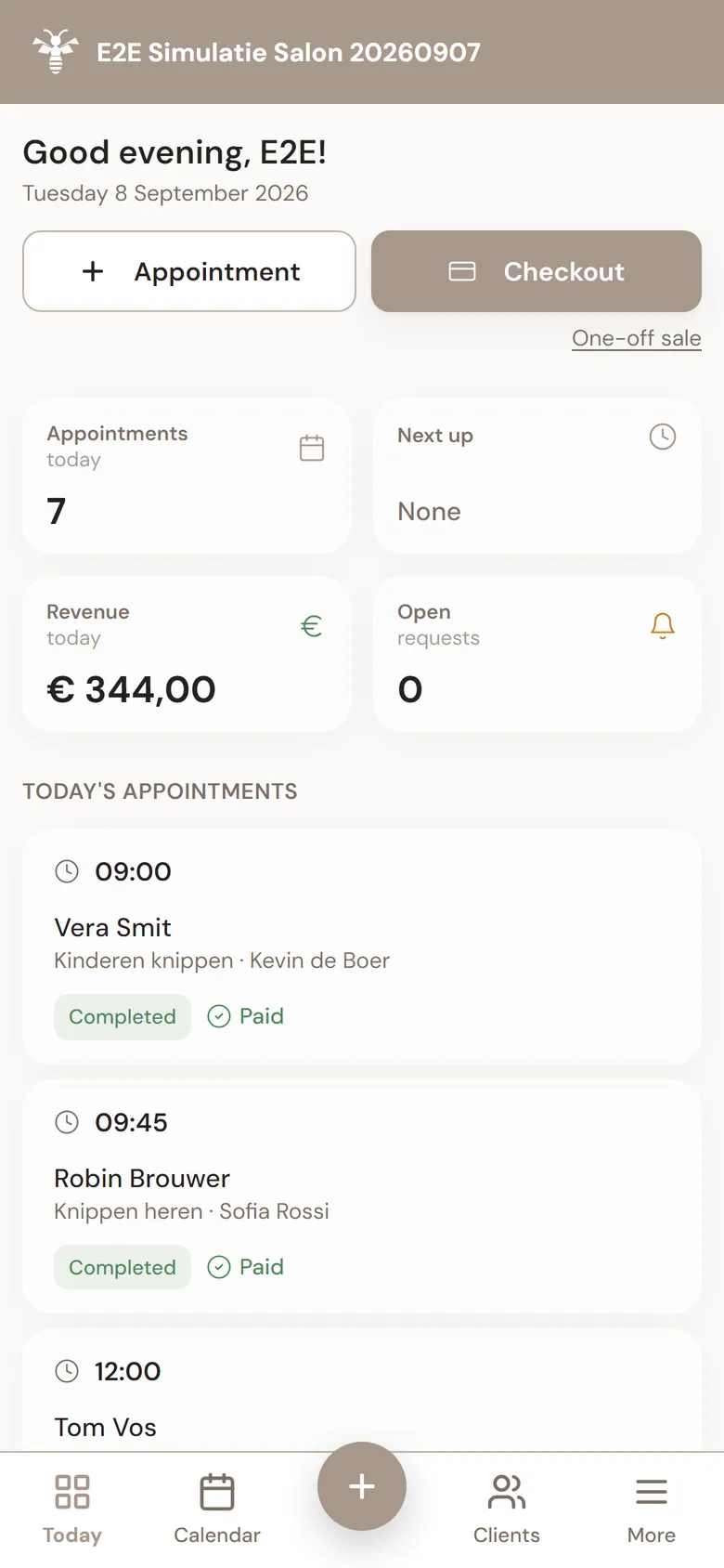 MyWest today overview with today's schedule, revenue so far and the next appointments.