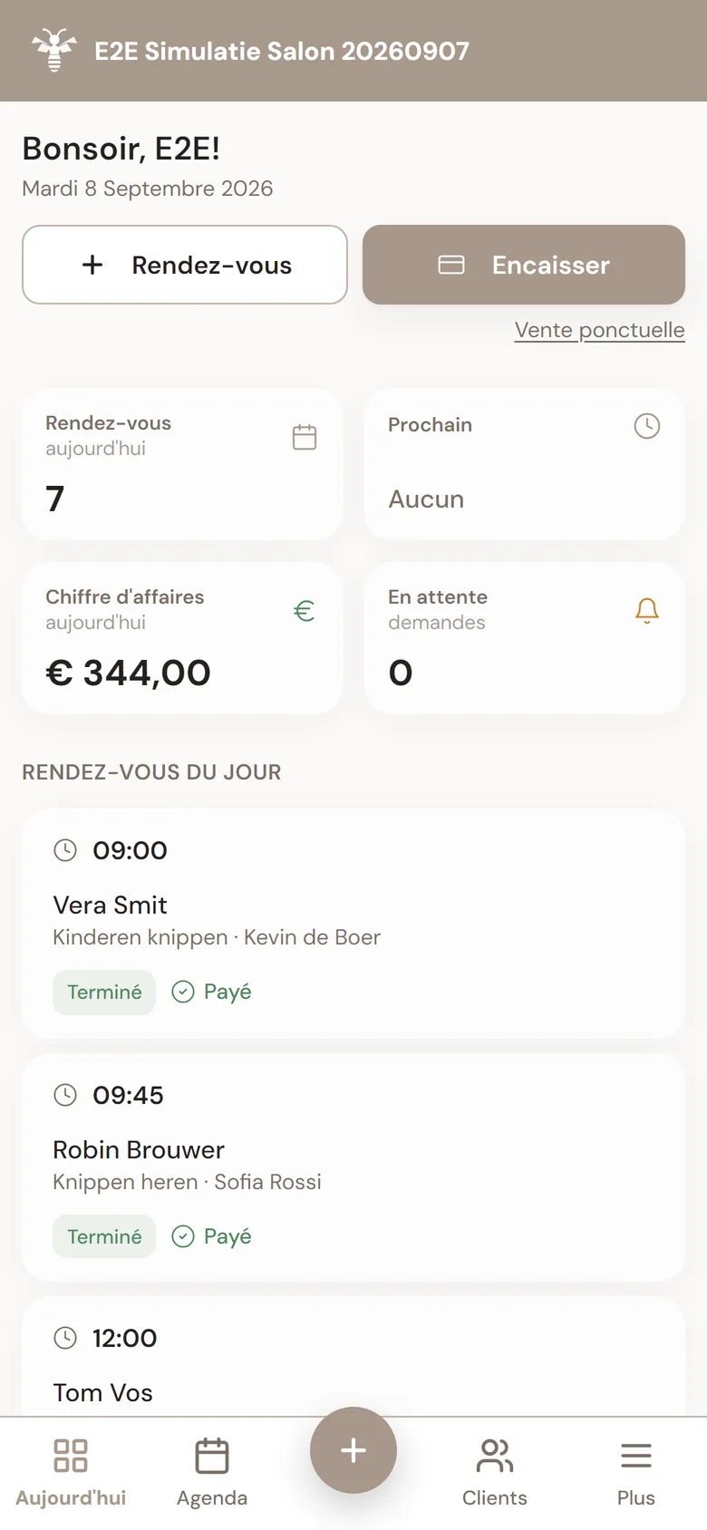 Vue du jour dans MyWest avec l'agenda du jour, le chiffre d'affaires et les prochains rendez-vous.