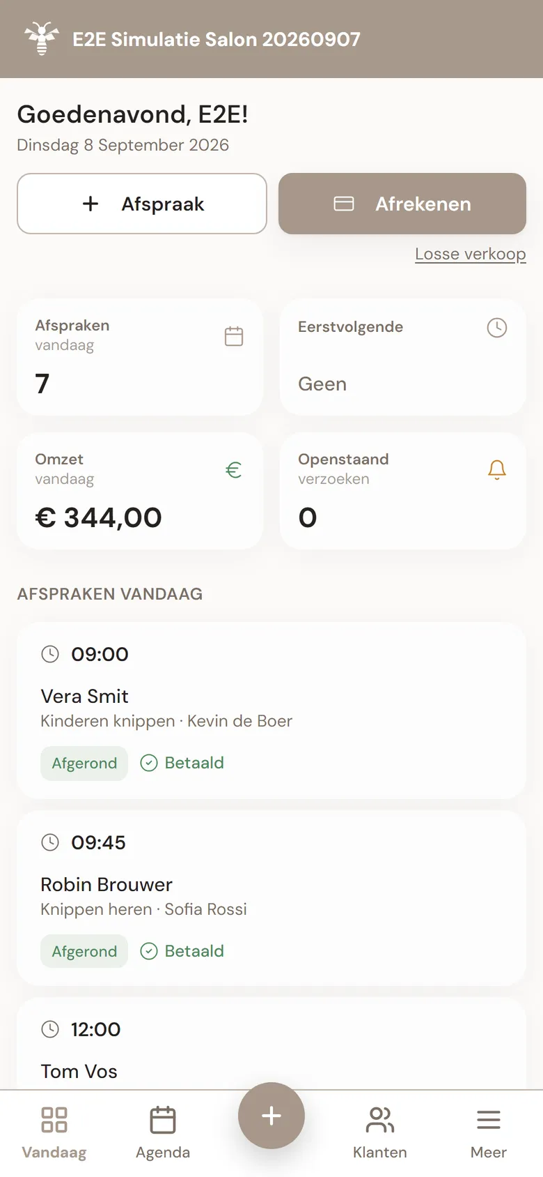 Dagoverzicht in MyWest met de agenda van vandaag, omzet tot nu toe en de eerstvolgende afspraken.