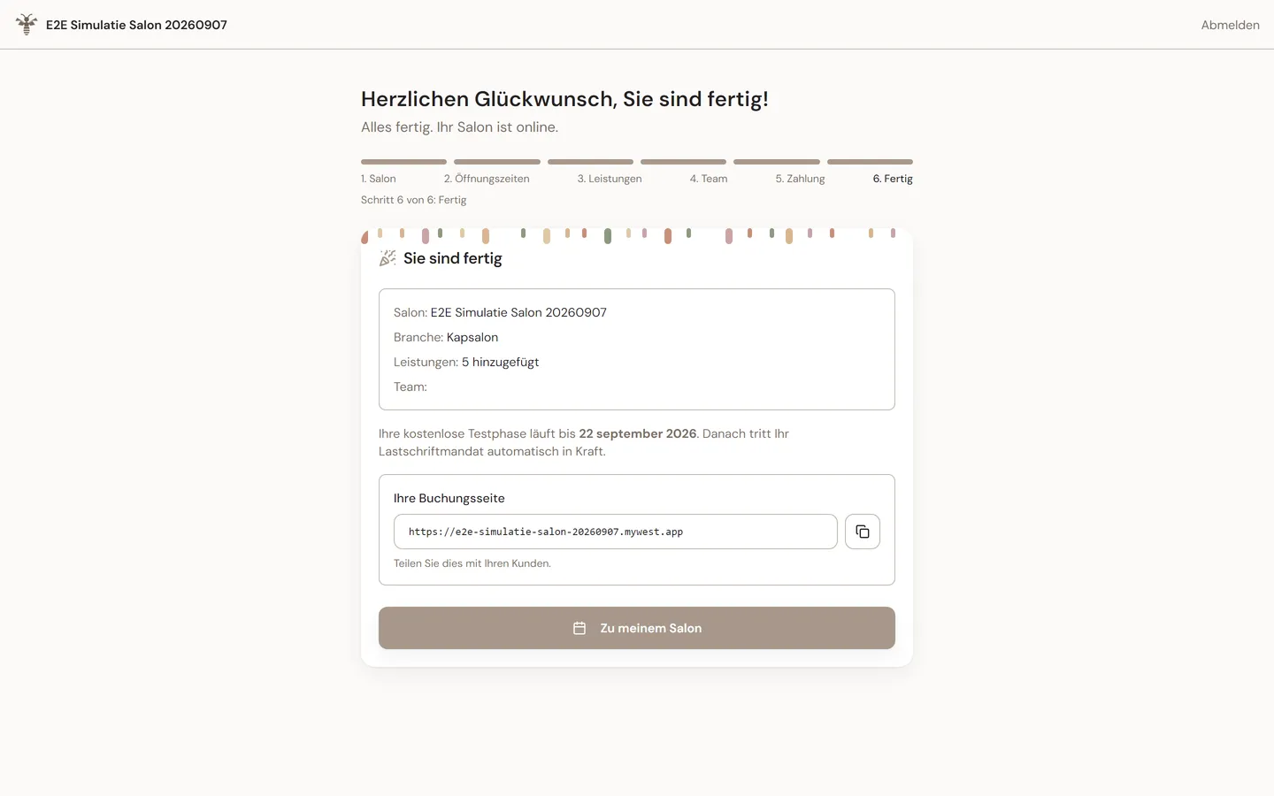 Letzter Schritt des Anmelde-Assistenten: der Salon ist eingerichtet und der Buchungslink ist teilbar.