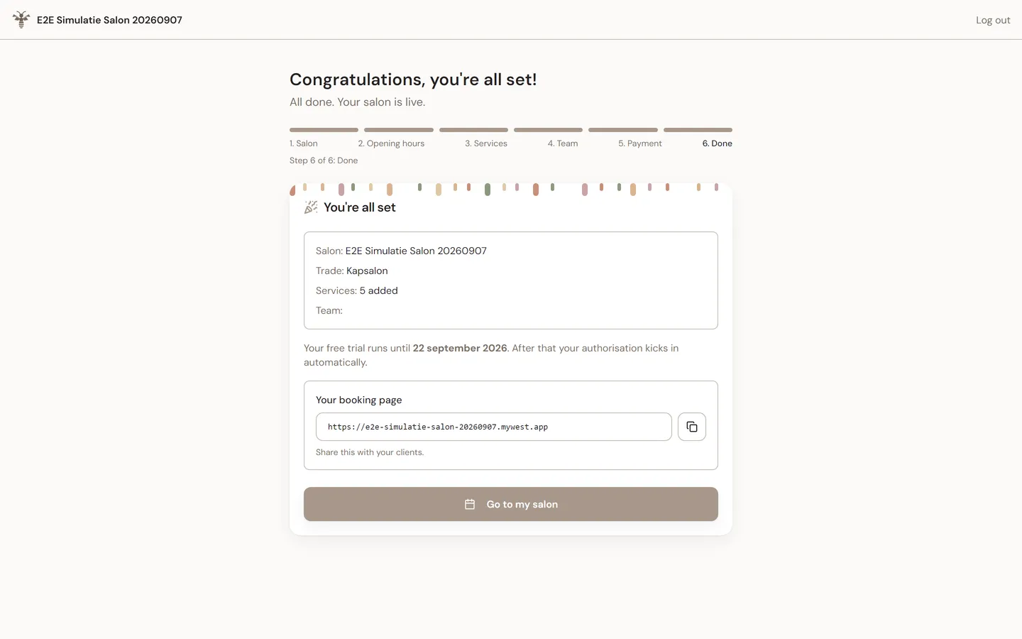 The last step of the signup wizard: the salon is set up and the booking link is ready to share.