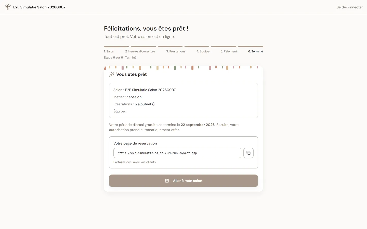 Dernière étape de l'assistant d'inscription : le salon est prêt et le lien de réservation est partageable.