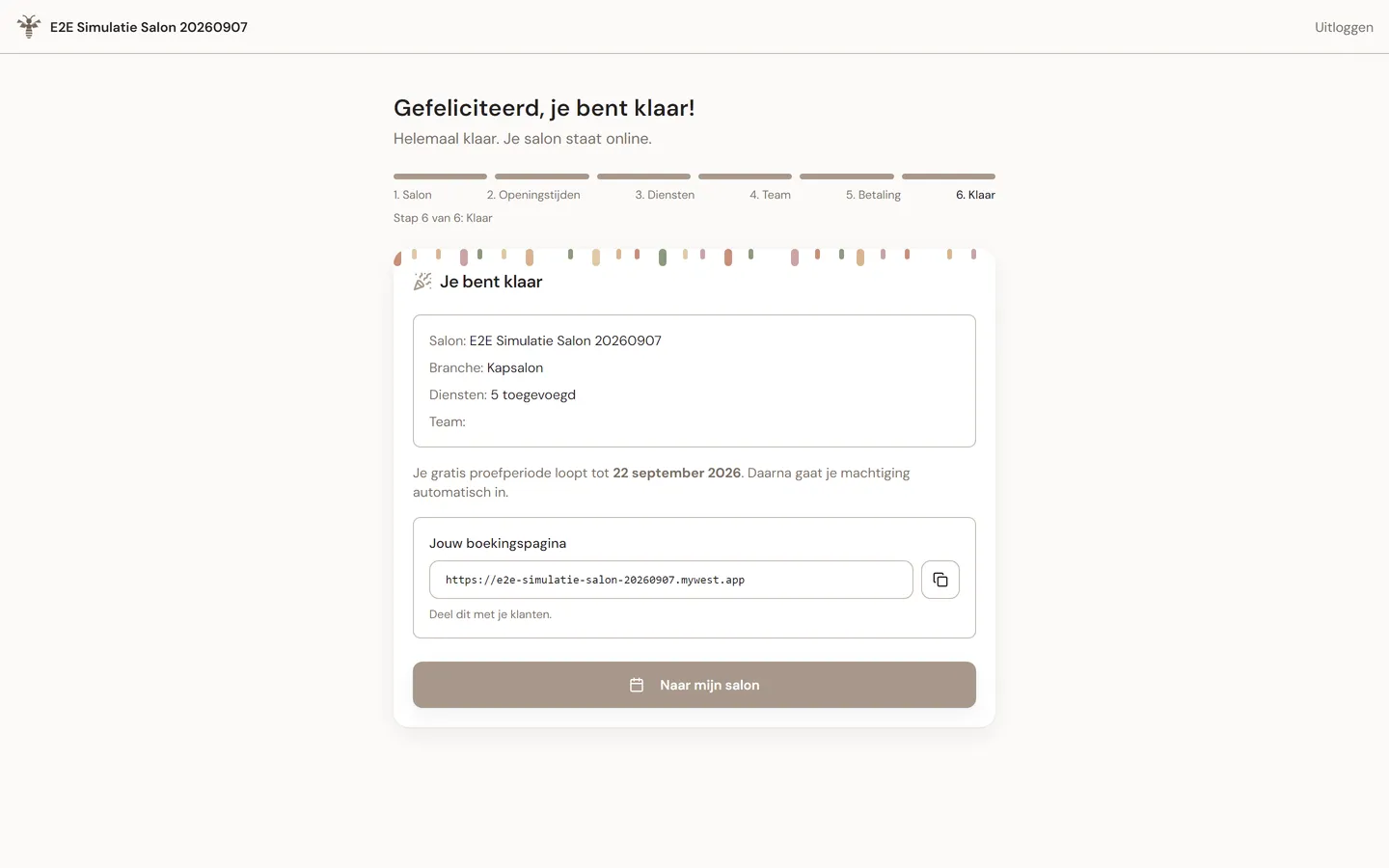 Laatste stap van de aanmeldwizard: de salon staat klaar en de boekingslink is meteen te delen.